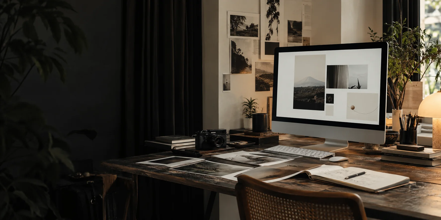 Ilustrasi suasana meja kerja studio dengan rancangan website, cetakan visual, dan kamera