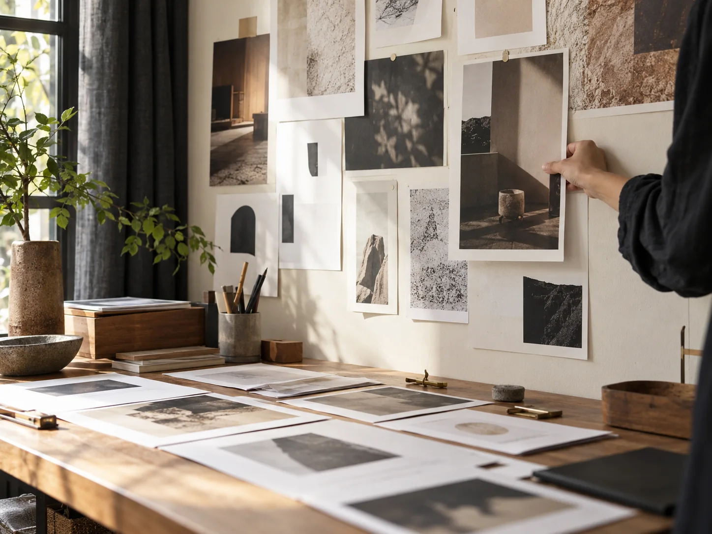 Proses menyusun cetakan karya visual di dinding studio