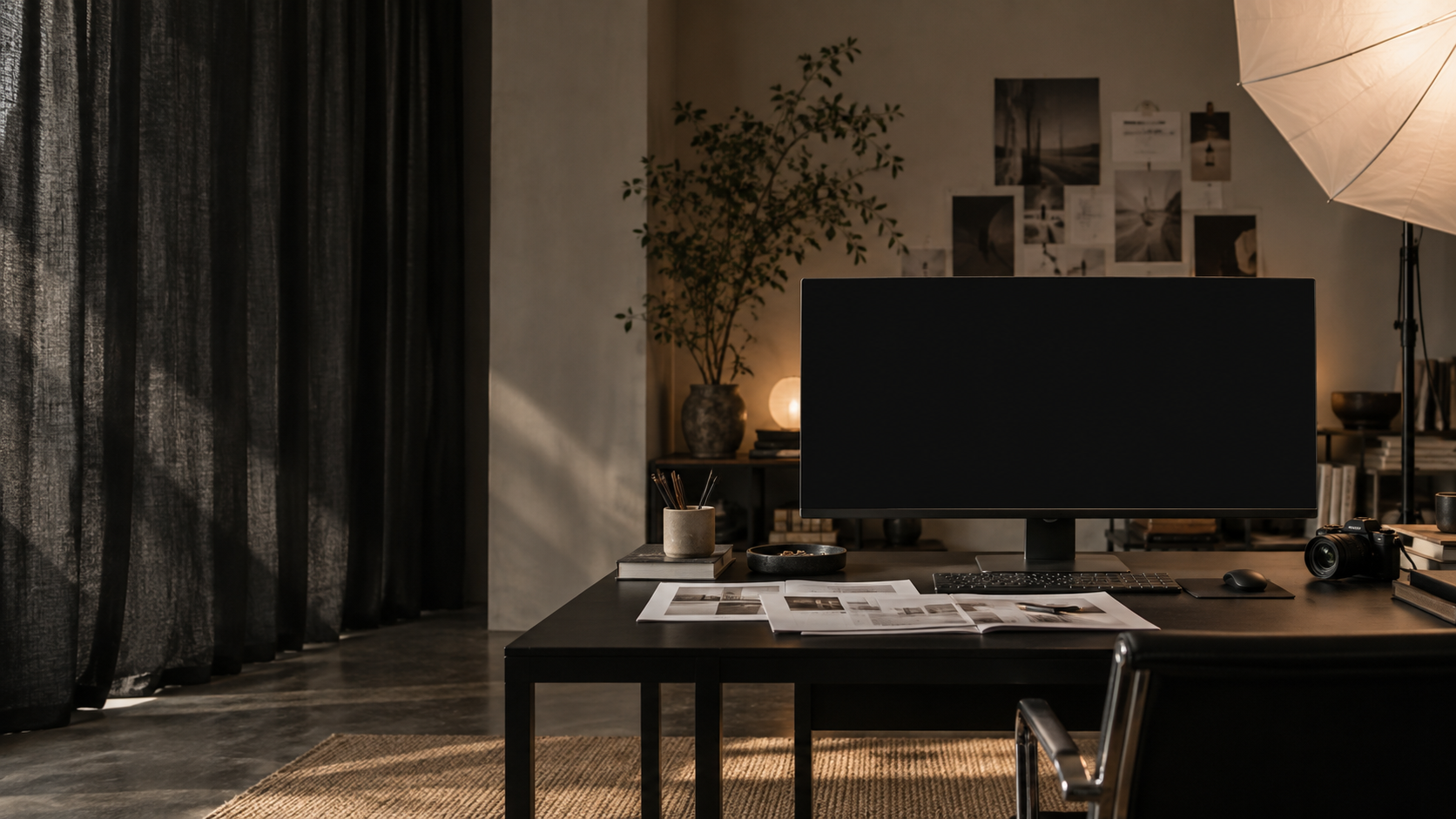 Studio kreatif Gooy dengan meja kerja, foto, dan karya di layar monitor
